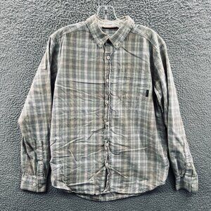 Columbia Mens Shirt Small Shirt Tan Gray Plaid 100% Cotton Button Front Pocket‎